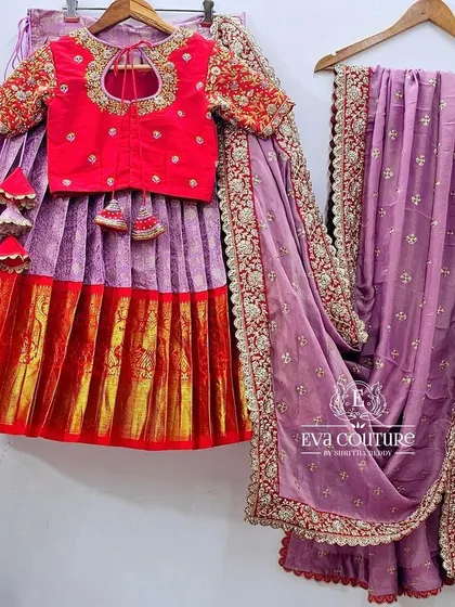 Another view of the Kanchi pattu lehenga with the maggam work dupatta. This shows the keyhole detail on the back of the blouse and the pretty tassels.