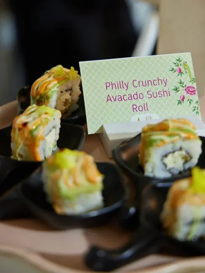 Our Philly Crunchy Avocado Sushi Roll, clearly labelled for guests. We ensure every dish is identified so guests can appreciate the unique ingredients and preparation.