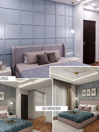 This image compares our 3D design with the final executed bedroom. The wall paneling, color scheme, and lighting are perfectly matched, showing our attention to detail.