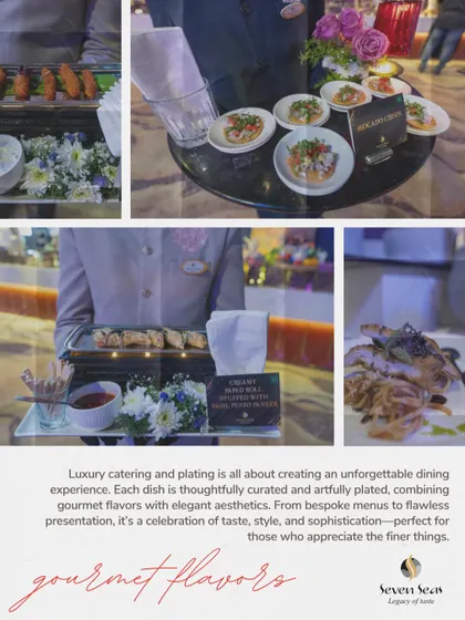 "Gourmet Flavors." This collage showcases the variety and elegance of our passed hors d'oeuvres and plated dishes, illustrating our commitment to creating an unforgettable dining experience.