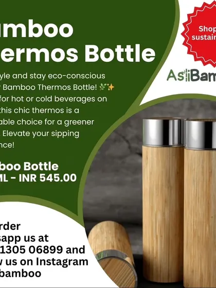 This promotional graphic details the features of our bamboo thermos bottle, available in a 450ml size. It's an insulated, chic, and compact choice for companies looking for a high-quality, eco-conscious giveaway.