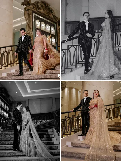 A collage of the couple's portraits on the grand staircase, capturing the old-world glamour of their reception night.