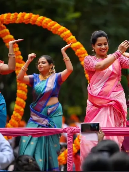 Another beautiful shot from our Ganesha procession performance, showcasing the grace and devotion of our dancers as they perform Andhra Telangana folk traditions.