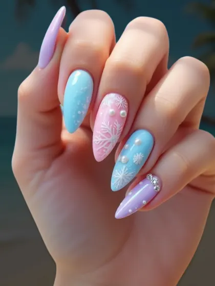 A dreamy, winter-inspired look perfect for any season. This pastel manicure features delicate snowflake designs and pearl embellishments for a touch of magic.