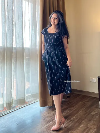 This black Ikat pinafore dress is a perfect example of versatile styling. It’s elegant, features our signature pockets, and can be dressed up or down for any occasion.