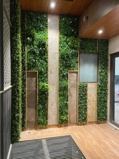 Another view of the feature wall, showing how the different materials and textures work together to create a visually interesting design.