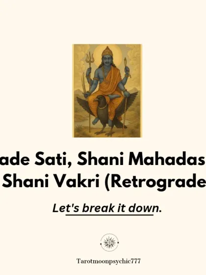 Sade Sati, Shani Mahadasha, and Shani Vakri can sound intimidating, but they are very different. This is a quick breakdown of each of Saturn's major phases, explaining what each period means for your life, karma, and spiritual growth so you can prepare with knowledge, not fear.