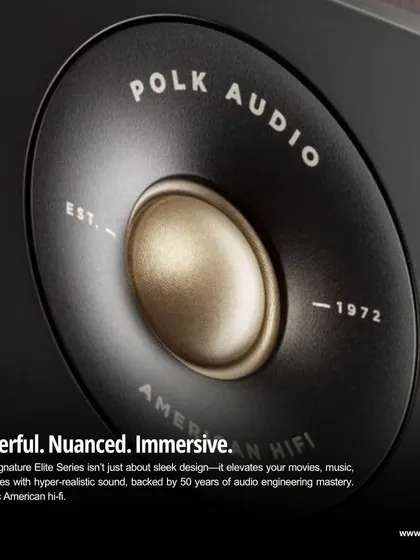 Powerful. Nuanced. Immersive. This close up of a Polk Signature Elite tweeter highlights the 50 years of audio engineering mastery behind the series. It is not just about sleek design; it is about authentic American hi-fi sound.