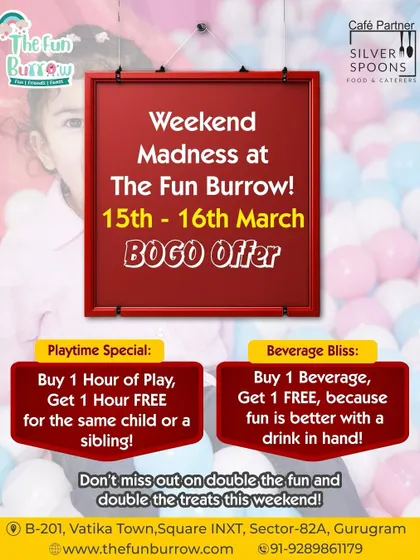 I bring you the best deals from my partners. Here's a "Buy 1 Get 1 Free" weekend offer on playtime and beverages at The Fun Burrow.