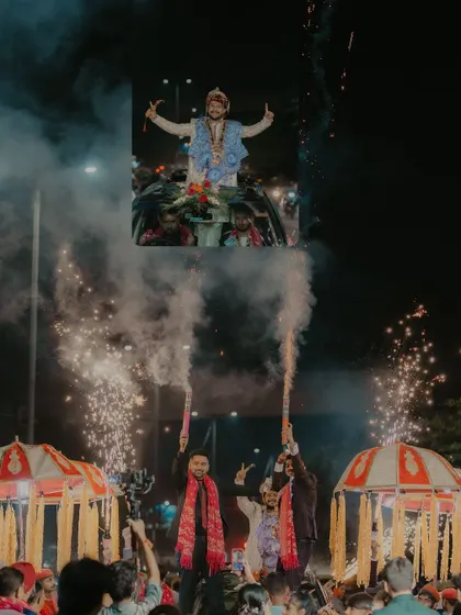 The groom's grand entry during the Baraat, complete with cold pyro fireworks for a dramatic and celebratory effect.