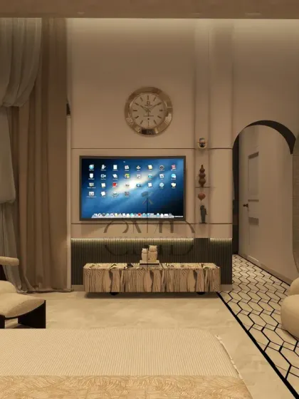 A view of the TV unit and the arched mirror cladding that leads to the walk-in wardrobe, demonstrating the fluid, curved design theme.