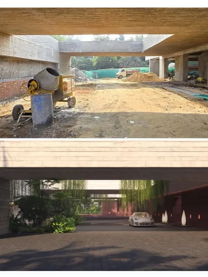 The transformation of the entrance at our Khwabgah project in Delhi. A raw construction space becomes a dramatic, plant filled entryway, setting the tone for a home that celebrates nature.