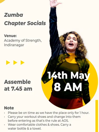 Good things come to those who Zumba! A poster for a BNI Bangalore chapter social event.