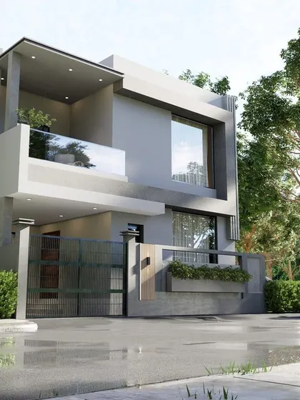 A modern home design with a focus on clean lines and geometric shapes. The render shows a white Range Rover parked outside, suggesting a lifestyle of sophistication and luxury.