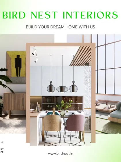 Our team is always ready for new design challenges. This graphic is a call to connect with us to build your dream home, showcasing a modern dining and living space.