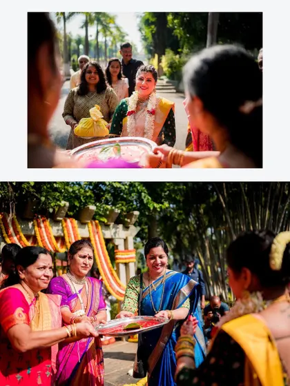 The bride being welcomed by her family and friends during the pre-wedding rituals. These moments are full of warmth and tradition.