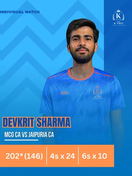 A knock for the ages. Devkrit Sharma smashes a monumental 202 not out, a statement of his class and talent.