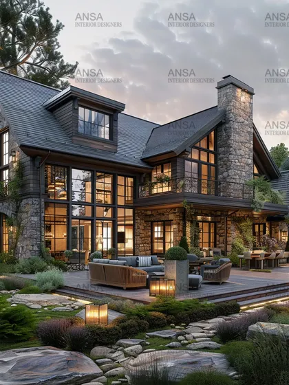 This mountain lodge design uses natural stone and dark wood to create a rustic yet luxurious feel. The large windows ensure that the stunning natural landscape is always part of the interior experience.