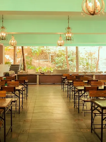 Elegant lighting and natural decor create a warm and inviting ambiance in our main dining area.