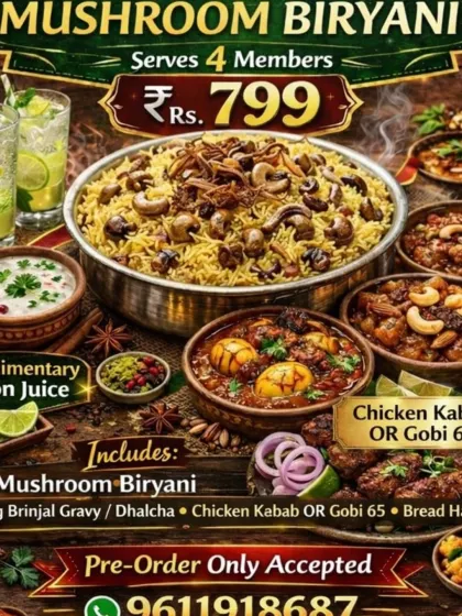Our mushroom biryani family-pack poster lists the rice dish with sides, offering Gobi 65 or chicken kebab.