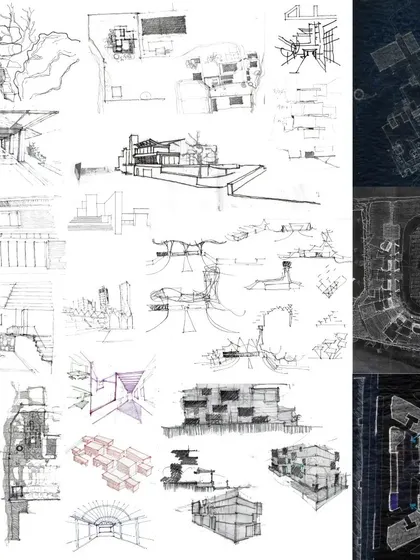 Every project begins as a collection of thoughts, sketches, and diagrams. This collage represents the initial phase of my design process, where I explore forms, layouts, and concepts by hand. These initial explorations are crucial for developing a strong and coherent architectural vision.