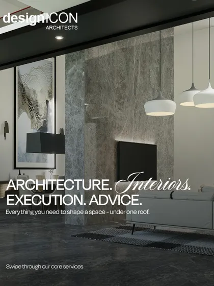 A modern living or lounge space with a marble feature wall and contemporary furniture. The text overlay, 'Architecture. Interiors. Execution. Advice.', summarizes our integrated, all-under-one-roof service offering.