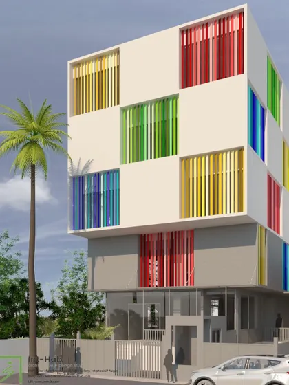 This is our design for a color management company's R&D center. The facade is inspired by their business, with colorful vertical fins set within a neutral cube, creating a playful yet functional exterior.