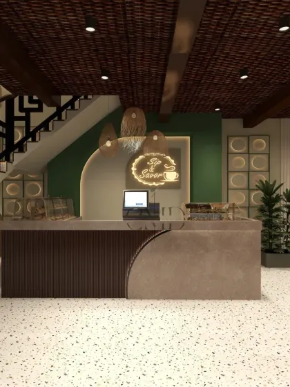 A wider view of the cafe's main counter, showing its relationship to the staircase and seating areas. The consistent use of terrazzo flooring and a warm, earthy color palette unifies the entire space.