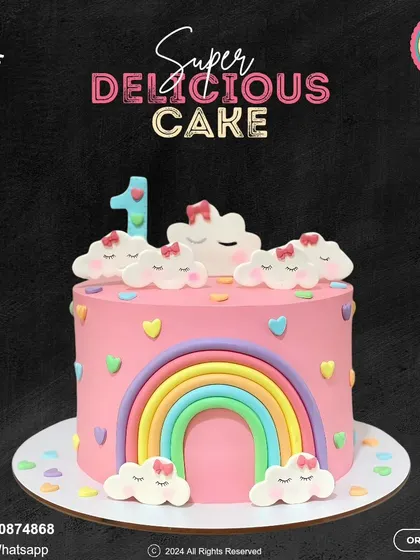 A dreamy first birthday cake with a rainbow and sleepy clouds theme. The soft pink cake is decorated with a pastel rainbow and cute, smiling clouds, creating a sweet and serene design.