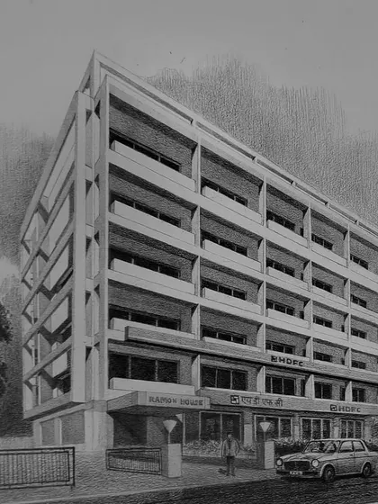 The full view of the Ramon House sketch, capturing the 90s era with vintage cars and a softer, atmospheric feel.