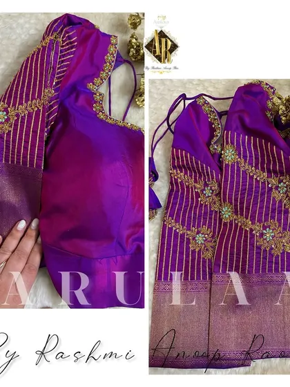A purple blouse with striped sleeves. The embroidery follows the lines of the stripes, creating a unique and modern design.