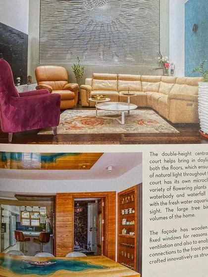 A page from "77 Stunning Indian Homes" showing the living room and study of "A Home by the Park."