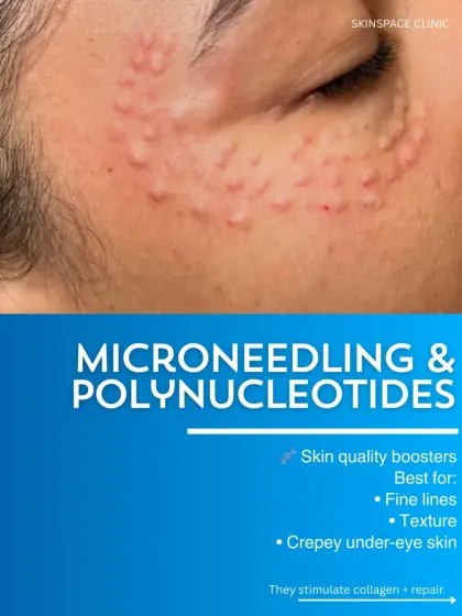 For concerns like fine lines and crepey texture under the eyes, we sometimes combine microneedling with Polynucleotides. These are skin quality boosters that stimulate collagen and repair, offering a regenerative approach to skin health.