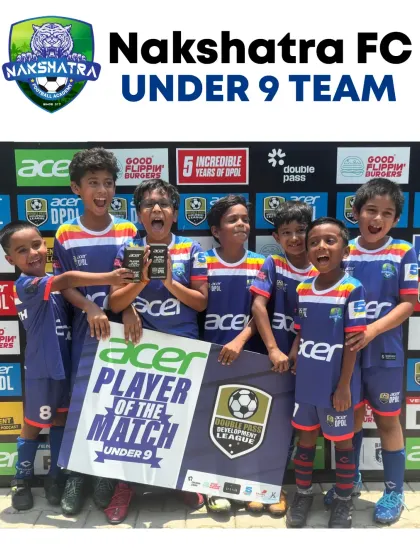 Our fantastic Under-9 team celebrating their 'Player of the Match' award after finishing as table toppers in the DPDL tournament. Their confidence and skill grow with every game.