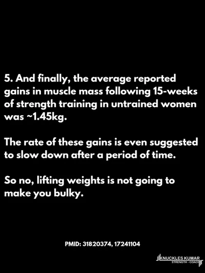 Truth 5: Lifting weights is not going to make you bulky. The rate of muscle gain is slow, and significant 'bulk' requires years of specific training and nutrition that won't happen by accident.