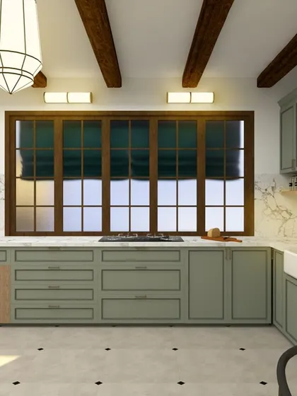 This angle highlights the beautiful farmhouse sink and the ample counter space next to the hob. The large window lets in plenty of natural light, making the kitchen a bright and pleasant place to be.