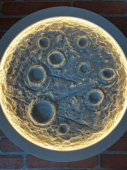 My 18-inch Moon Lamp with the LED light on. The light emanates from behind the textured surface, highlighting the craters and creating a beautiful, ethereal glow perfect for any space.