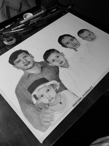 A slightly different view of the work-in-progress, showing my desk setup. Every portrait is a journey that takes hours of focused effort.
