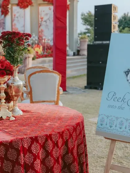 A welcome sign that reads "Peek over the Future," tying into the fortune-telling elements of the 'Gulal Bagh' theme. We use custom stationery and signage to enhance the thematic experience for guests.
