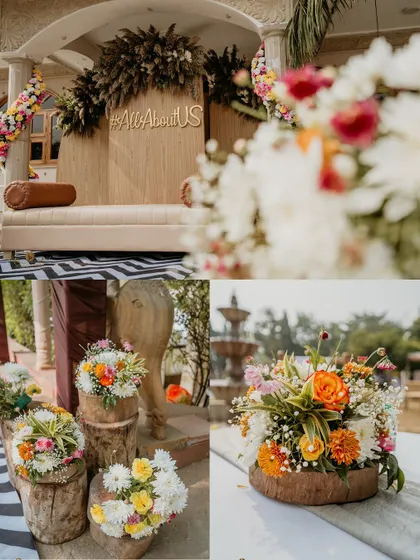 A collage of the beautiful rustic decor from the engagement ceremony, highlighting the floral arrangements and personalized details.