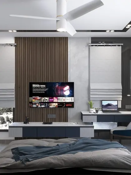 A 3D render of a son's bedroom, featuring a sleek TV unit, a study desk, and a wardrobe with a modern design. The color palette is a sophisticated mix of blue, grey, and wood.