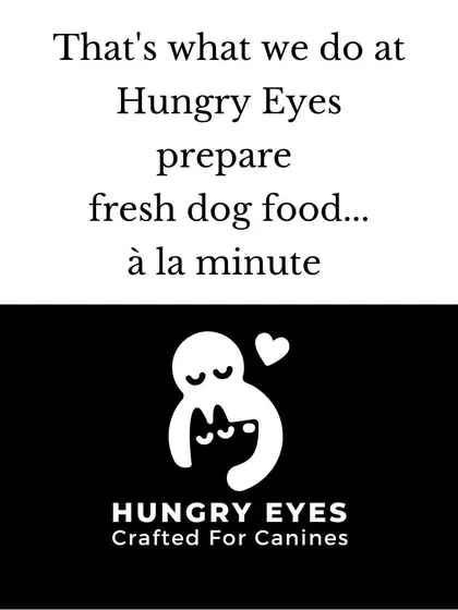 That's what we do at Hungry Eyes. We prepare fresh dog food à la minute, ensuring your pet gets the freshest meal possible.