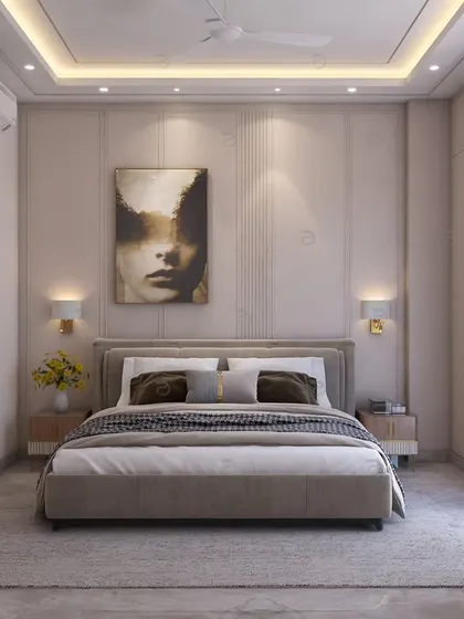 This bedroom design uses vertical grooves and soft lighting to create a calm and restful ambiance. The abstract art adds a personal touch.