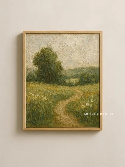 A serene landscape painting with a winding path. The texture in the grassy fields and the sky adds a rustic, impressionistic feel to the artwork.