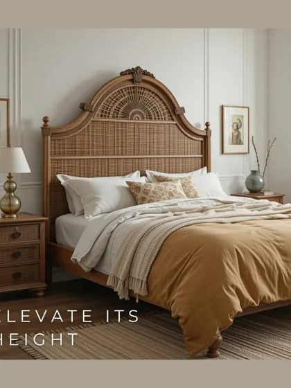 Elevating the height of a headboard, like this tall, arched rattan design, adds a sense of grandeur and creates a strong visual anchor for the room, making the bed a true focal point.