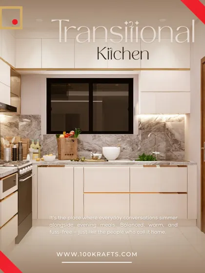 Not too modern, not too classic. This transitional kitchen features warm, off-white cabinets with subtle gold accents and a marble backsplash, creating a timeless and welcoming space for the whole family.