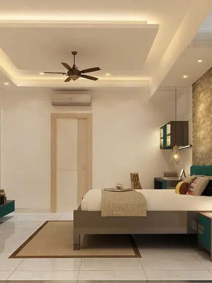 A 3D render of a spacious and clean bedroom design. The light cream and beige tones are accented with teal blue furniture for a subtle pop of color.