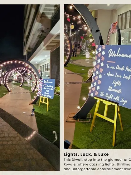 The entrance to our Casino Royale Diwali party, featuring a welcoming sign and a tunnel of glowing arches. This setup created an immediate sense of excitement and festive glamour for arriving guests.