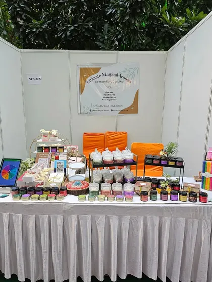 A full view of my stall setup. I love creating a beautiful display that showcases all the different candles and fragrances I have to offer.