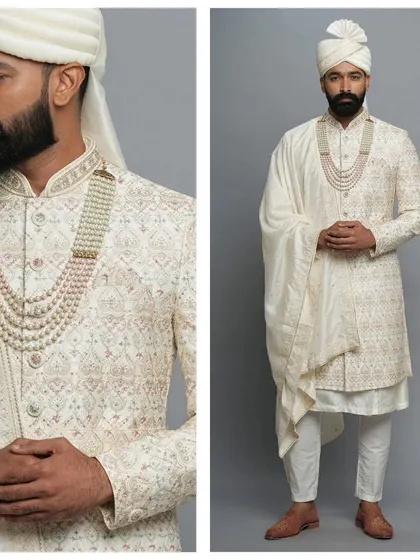 A close-up of a white embroidered sherwani with a multi-layered pearl necklace. This pre-loved piece shows the attention to detail that makes a groom's look truly special.